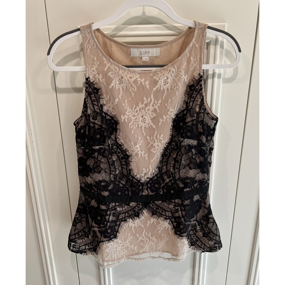 Loft Black & Beige Lace Peplum Top‎ Size 2 Bows Coquette Soft Romantic Whimsy